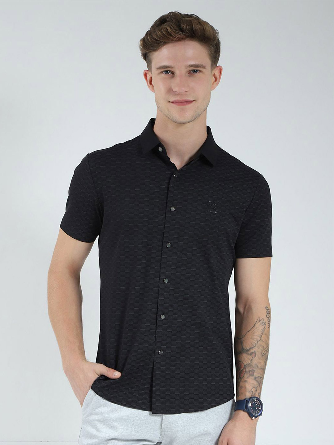 Monte Carlo Micro Ditsy Printed Spread Collar Slim Fit Casual Shirt