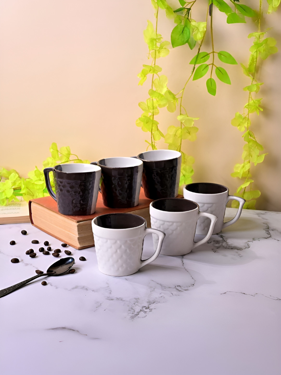 Storepedia Tetra Series Black Textured Ceramic Handmade 6 Piece Mugs-150ml