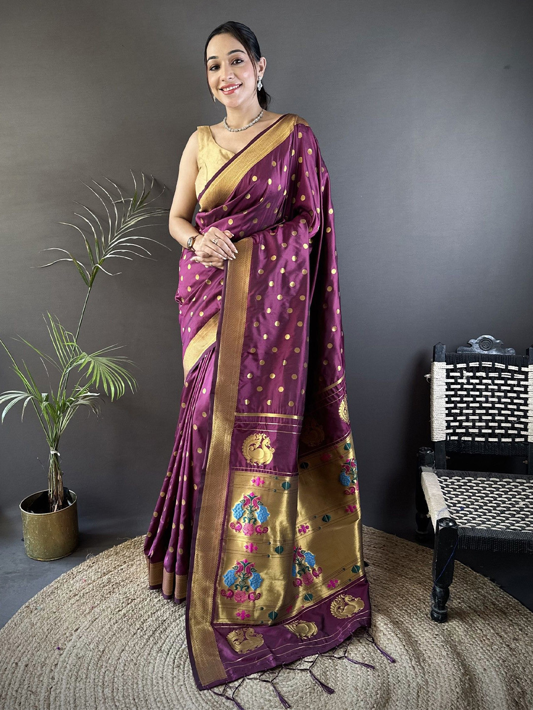 LeeliPeeri Designer Polka Dot Zari Designer Paithani Saree With Unstitched Blouse Piece