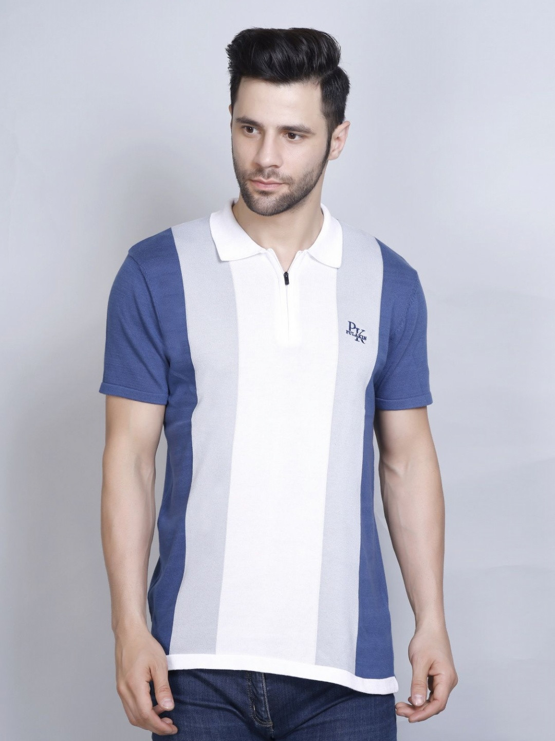 PULAKIN Colourblocked Polo Collar Pure Cotton T-shirt