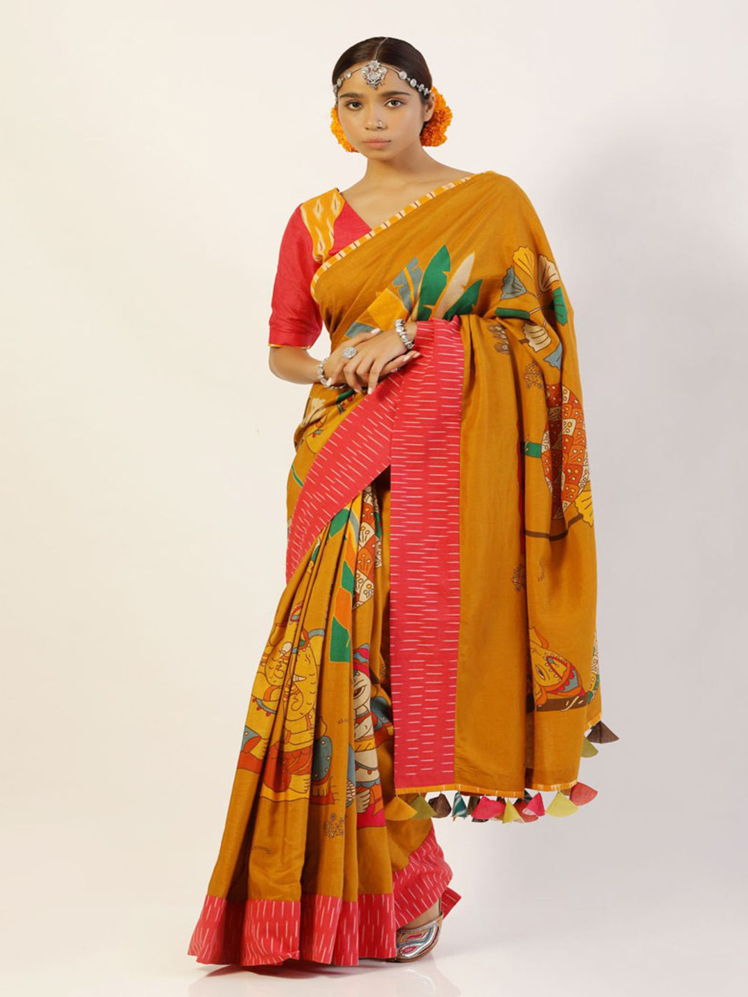 UDD Vakratunda Kalamkari Pure Linen Saree