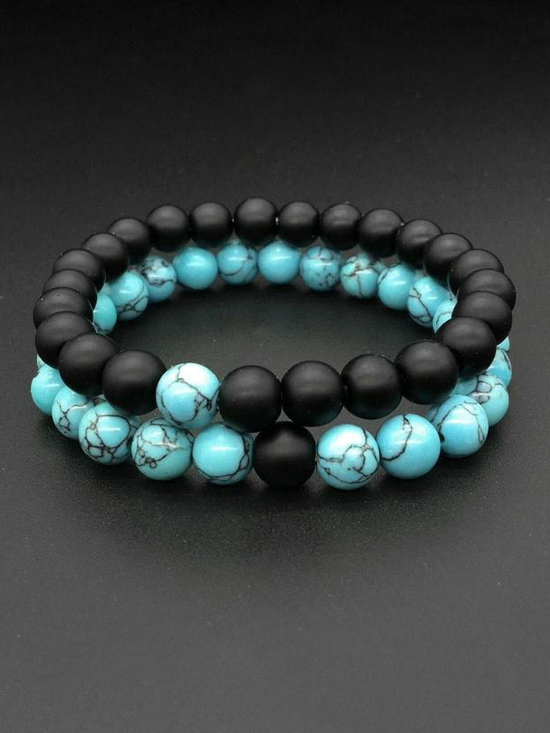 Sukhad Set Of 2 Onxy & Turquoise Beaded Elasticated Bracelets