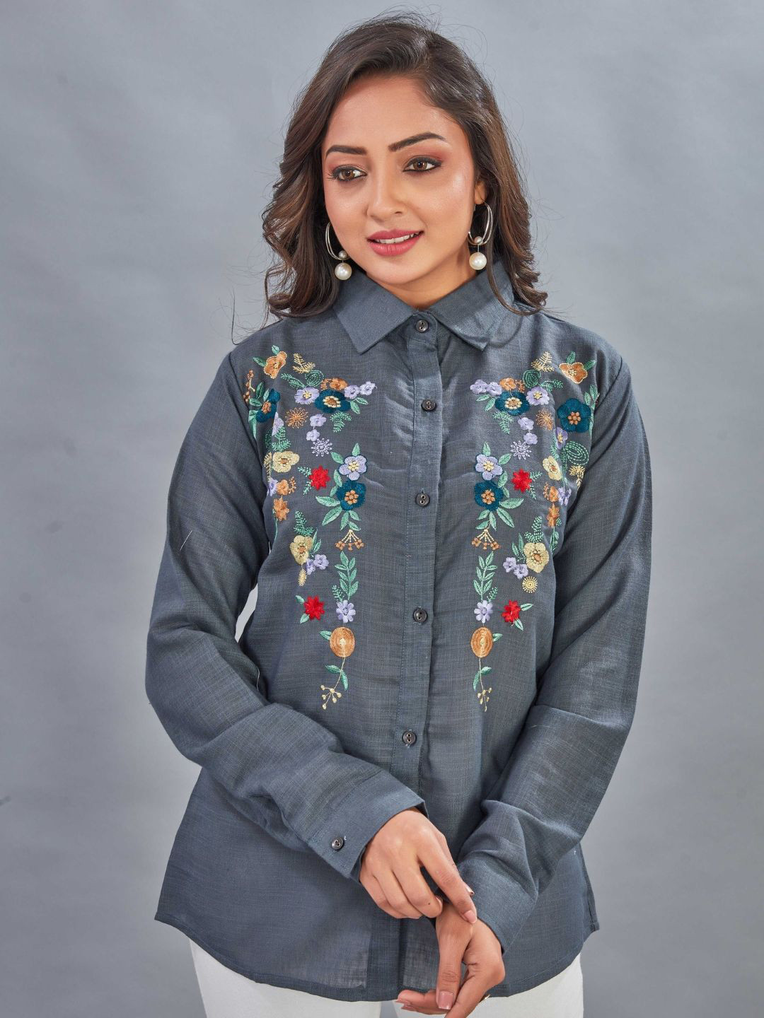 CORSICA Classic Floral Embroidered Mandarin Collar Casual Shirt Style Top
