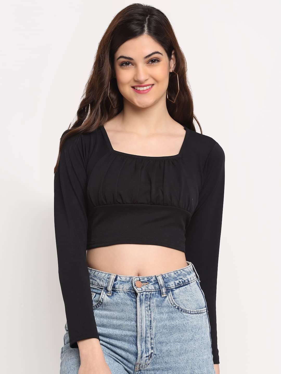 Enmozz Women Square Neck Super Crop Fitted Top
