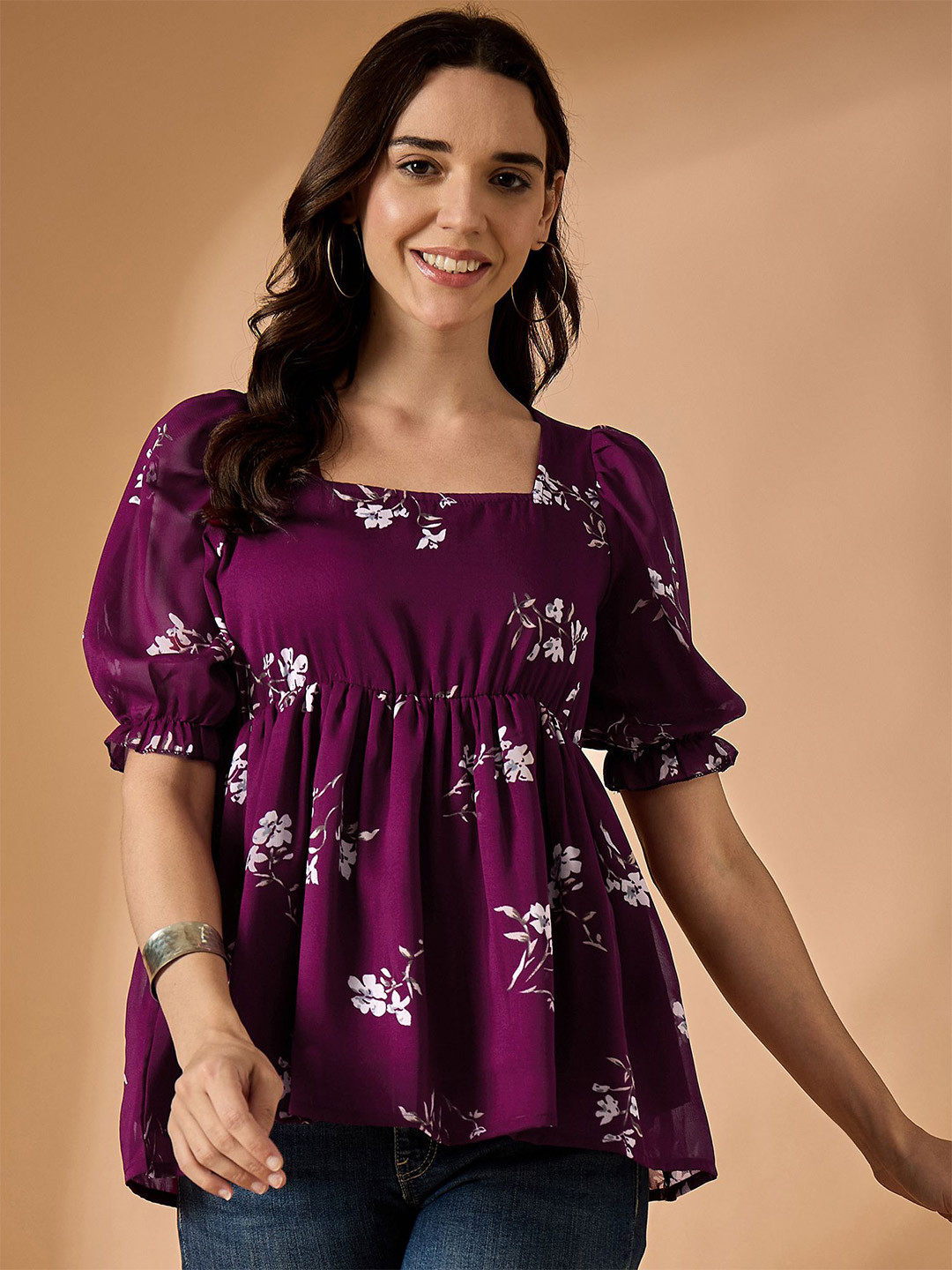 Azira Women Georgette Floral Print Puff Sleeve Peplum Top