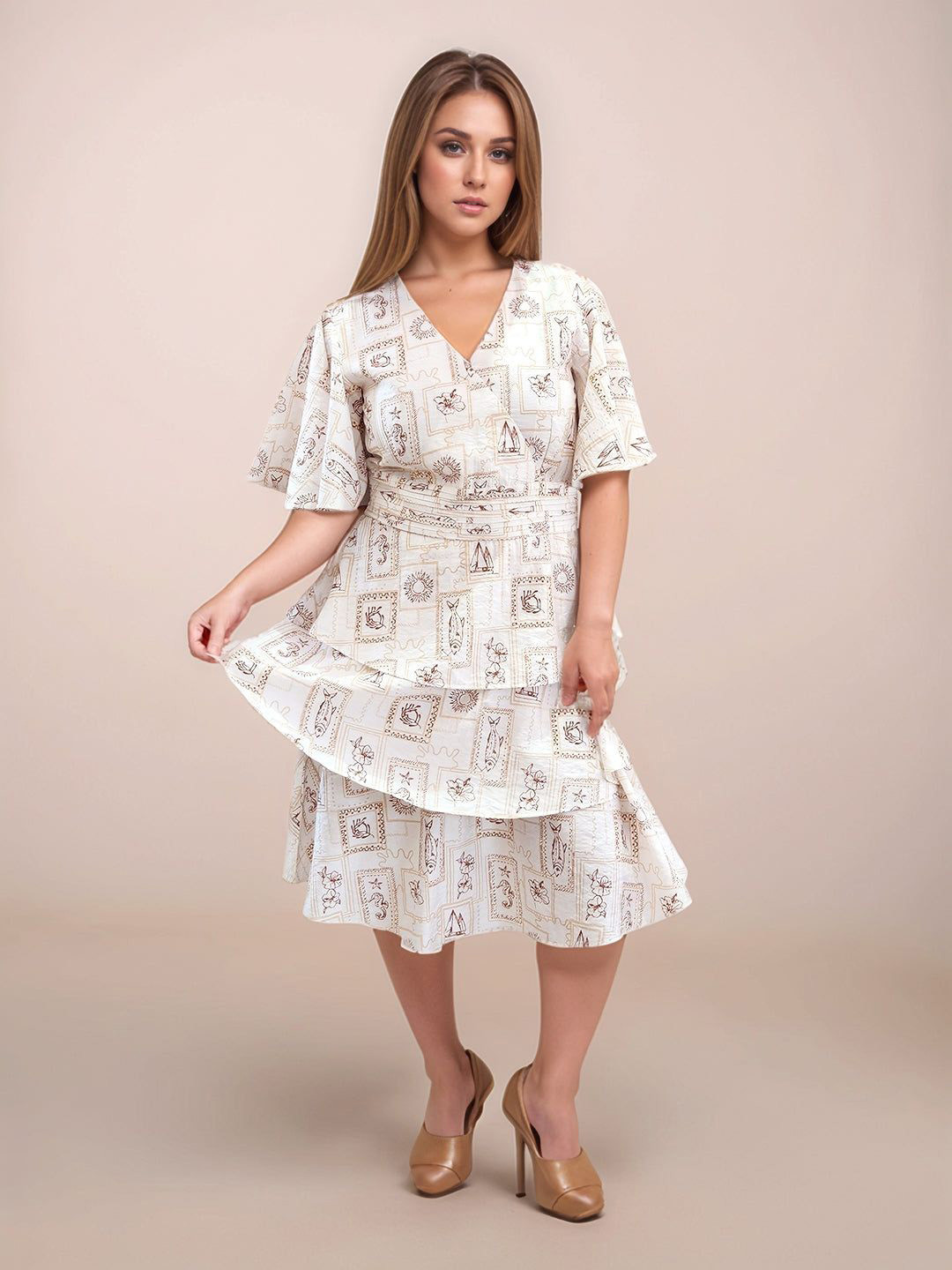 Zink London Women Animal Print V-Neck Short Sleeves Short Dress