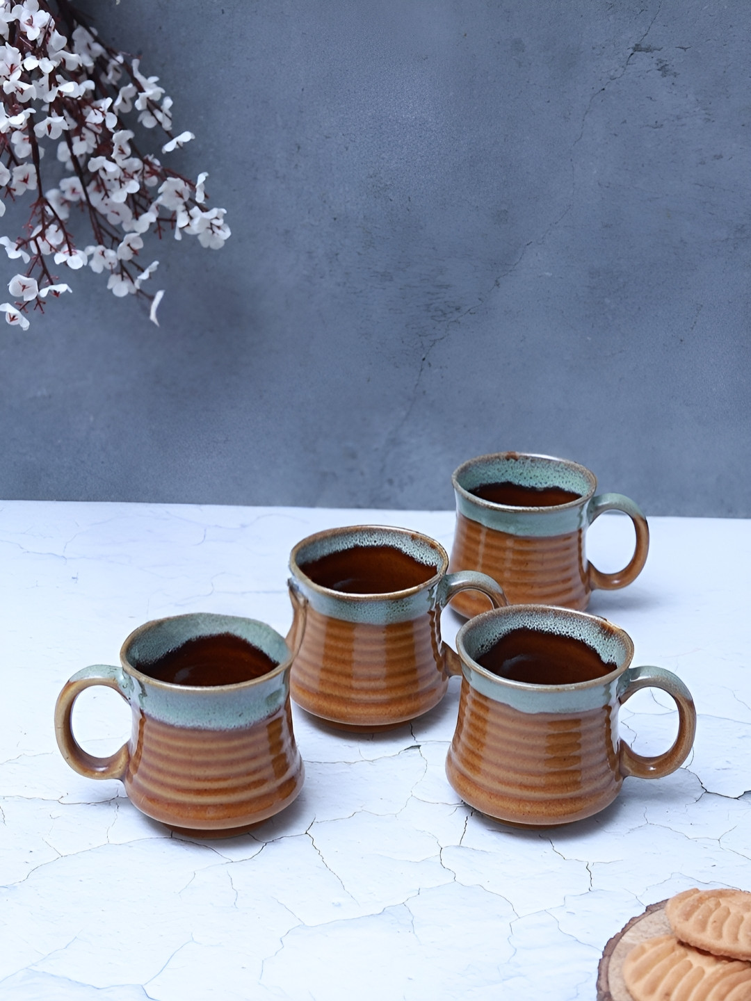 Unravel India Heybeli Coffee Brown Colourblocked Ceramic Handmade 4 Piece Mugs-90ml
