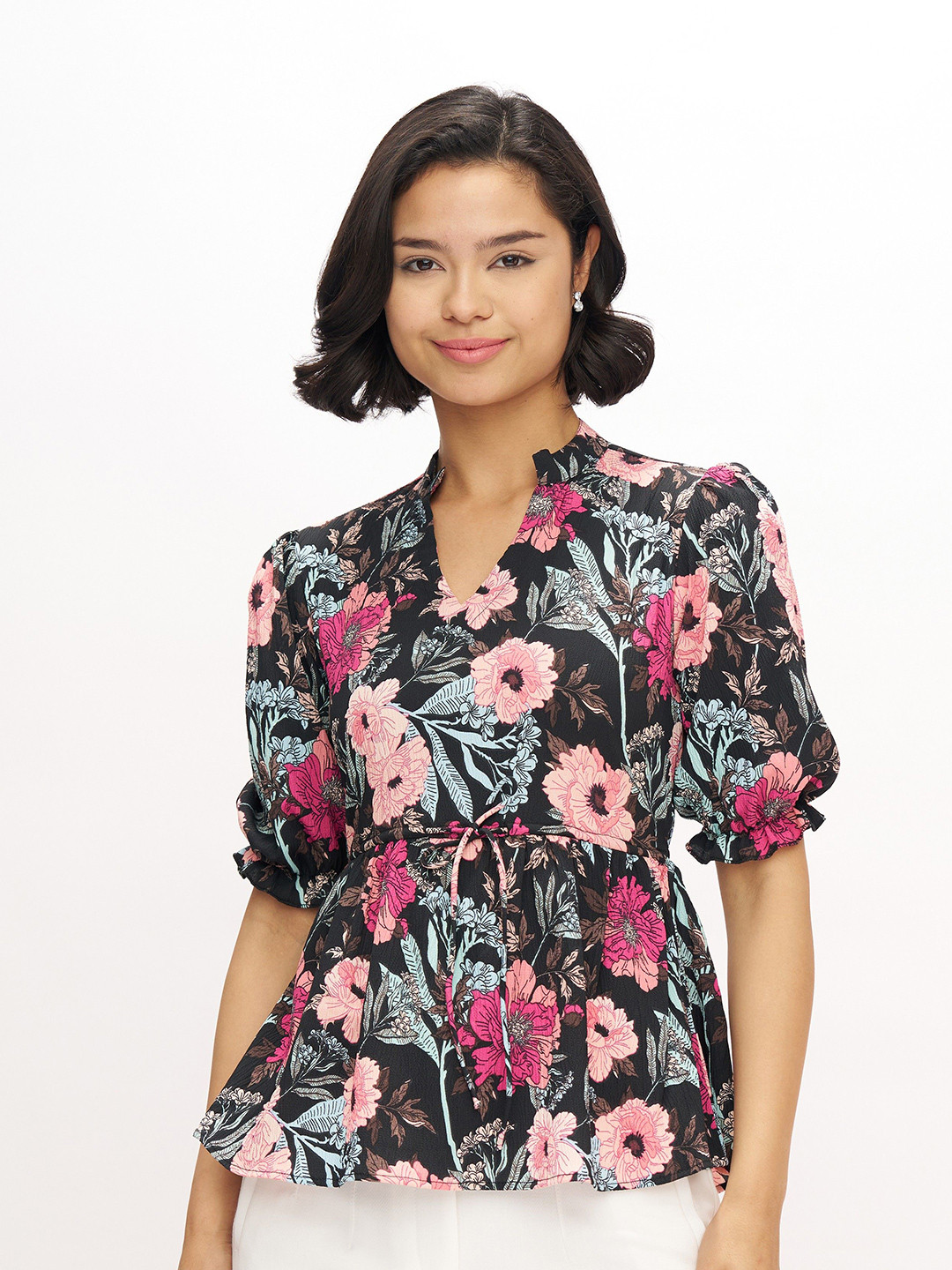 AASK Women's Polyester Floral Printed Puff Sleeves Mandairan Coller Regular Top