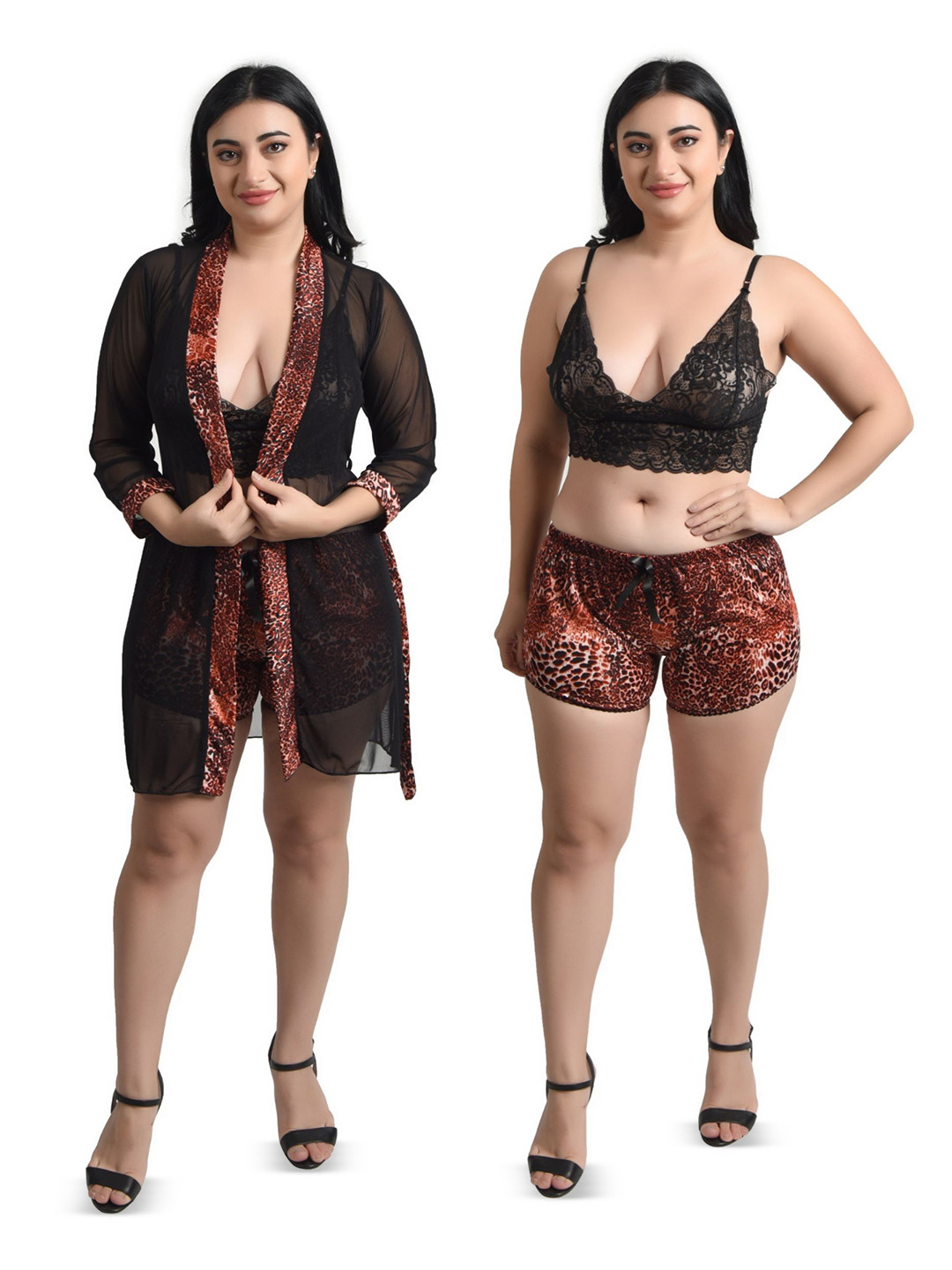 Embrave Printed Shoulder Straps Night Suit With Robe