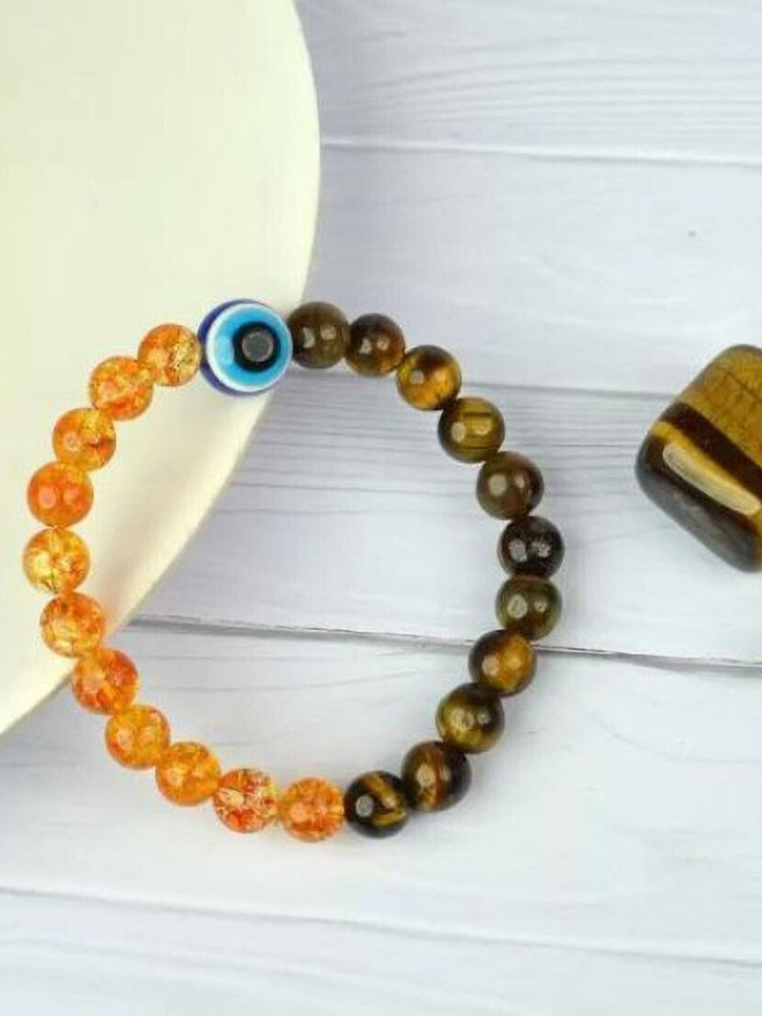 Sukhad Tigers Eye and Citrine Beaded Evil Eye Elasticated Bracelet