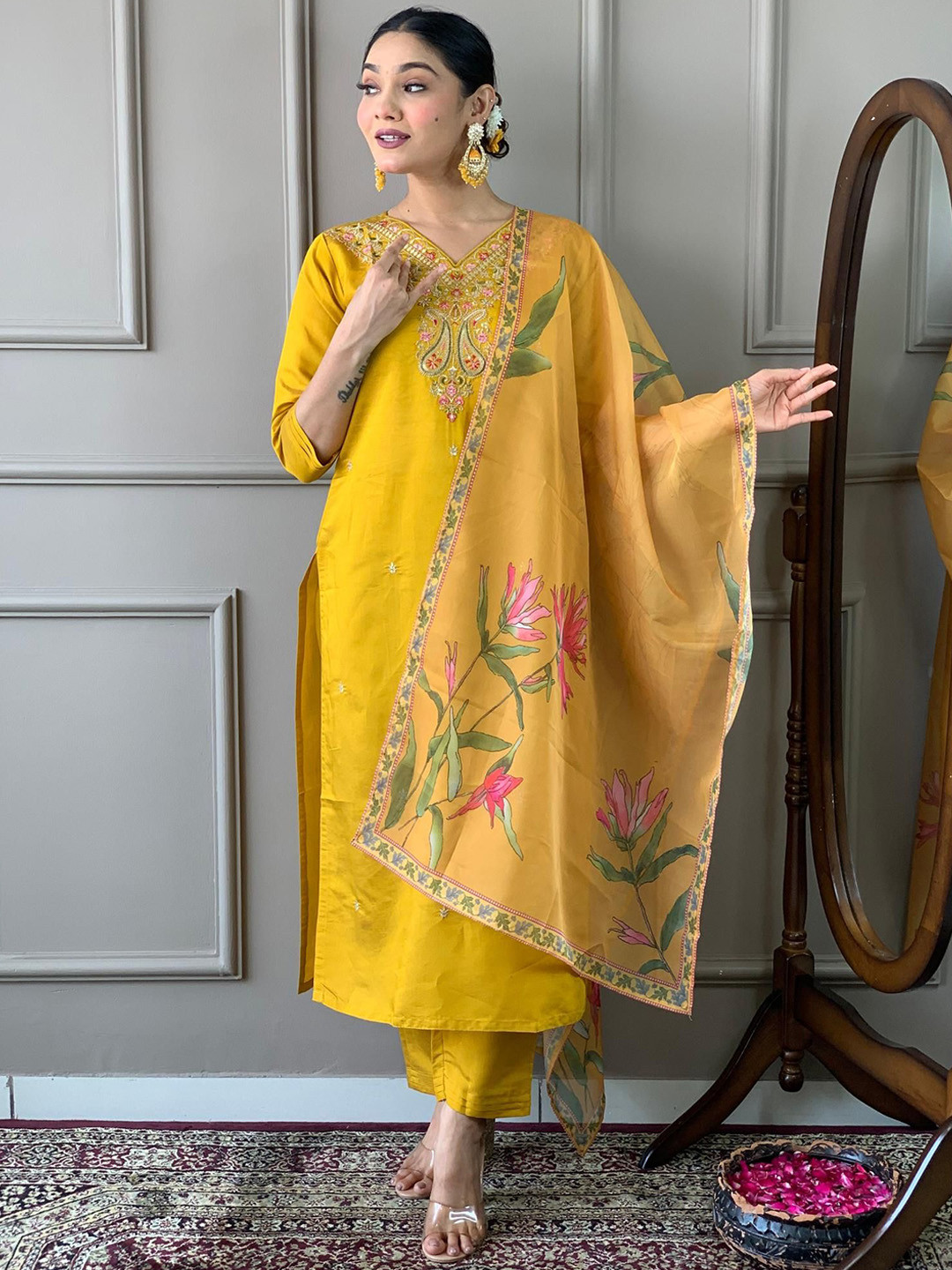 Moda Rapido Ethnic Motifs Yoke Design Chanderi Silk Kurta with Trousers & Dupatta