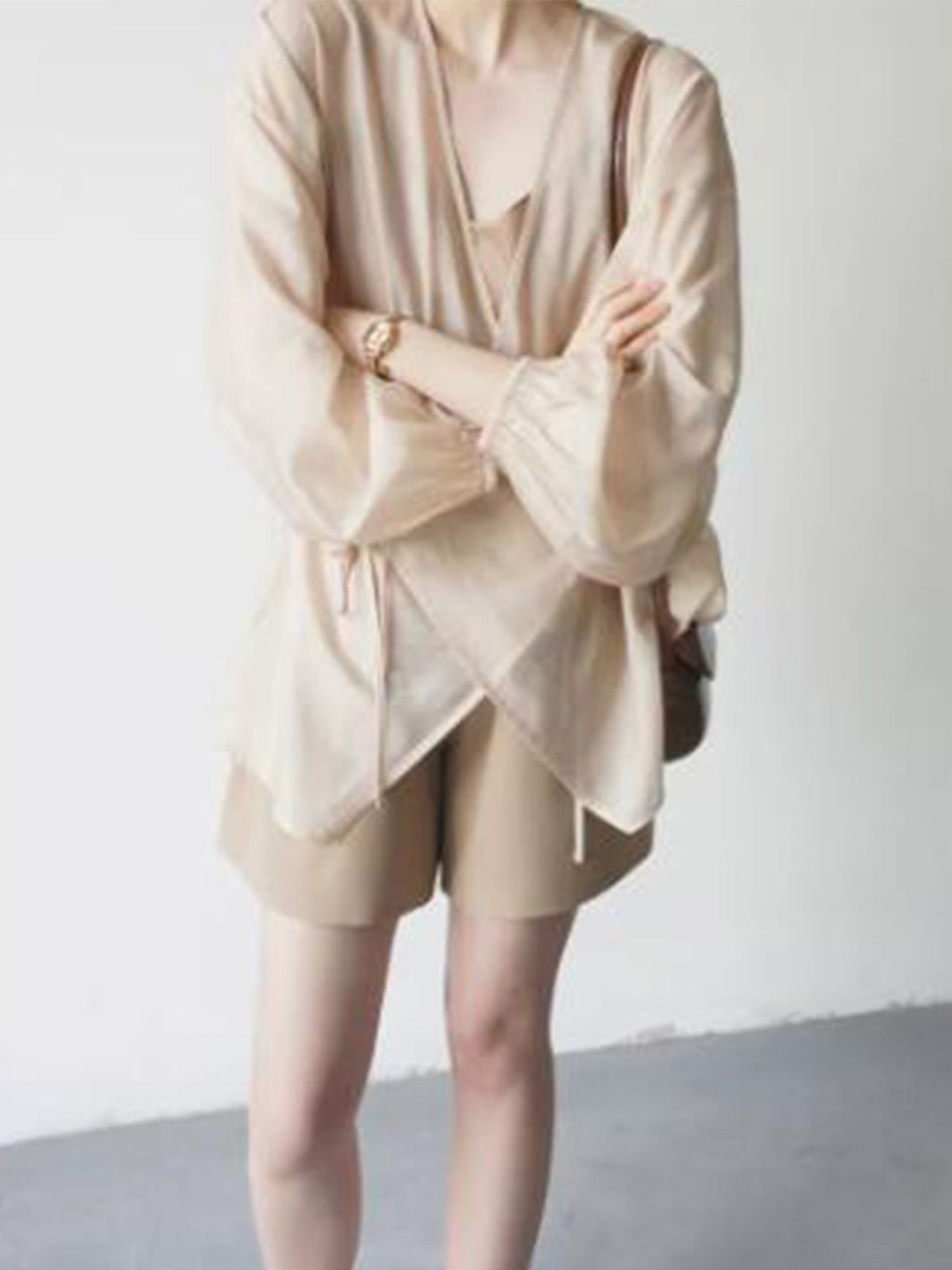 bebe Beige Sheer Wrap Tie Top
