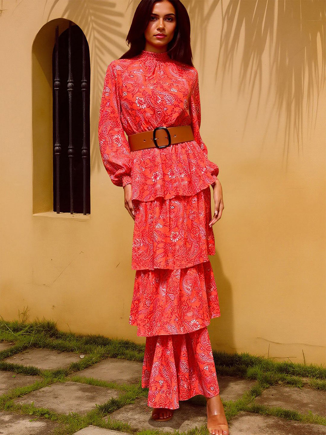bebe Women Red Floral Print Puff Sleeves Tiered Maxi Dress