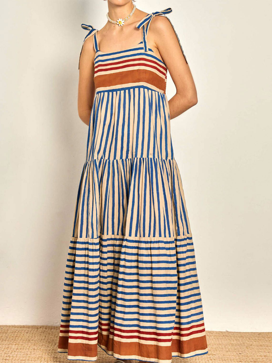 bebe Multi-Stripe Print Tie-Shoulder Straps Tiered Maxi Dress