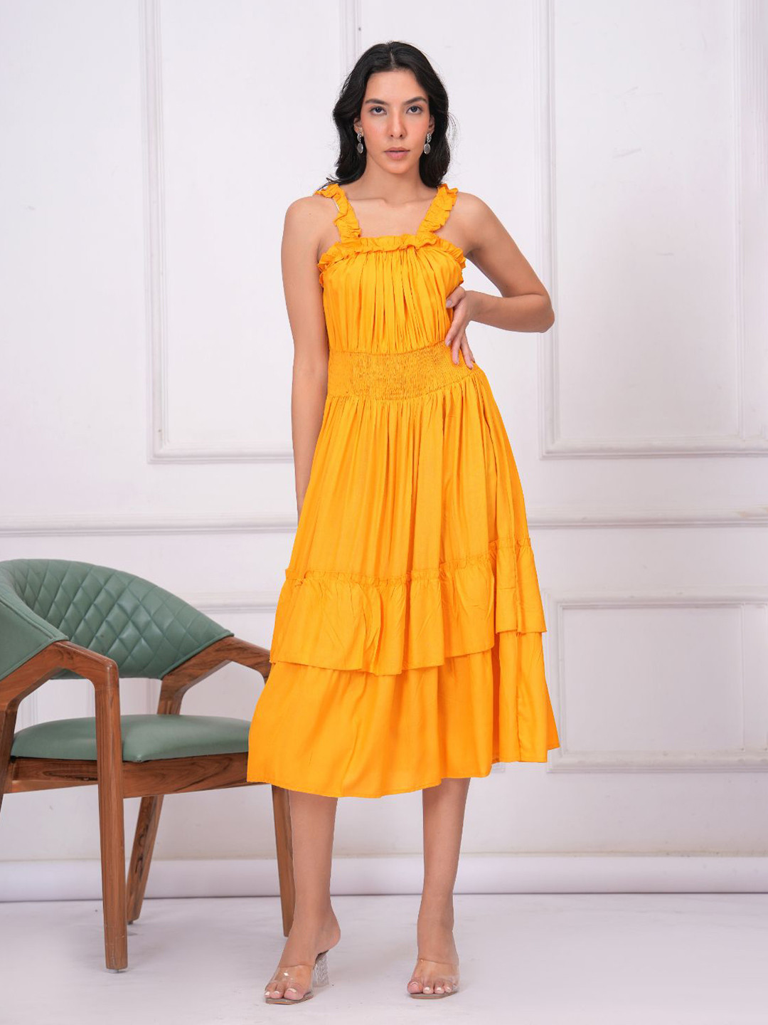 HIGHLIGHT FASHION EXPORT Solid Gathered or Pleated Fit & Flare Midi Dress