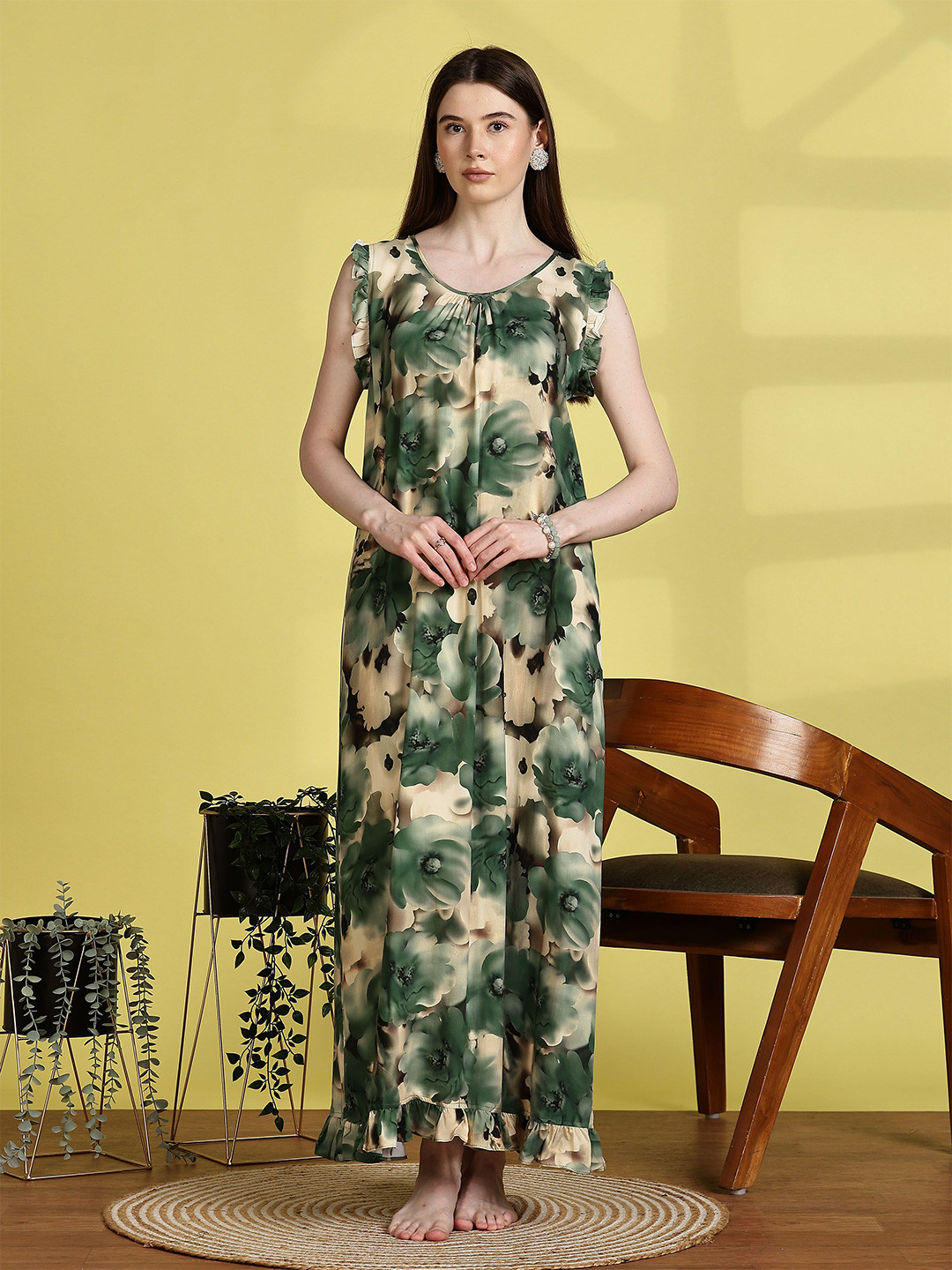 9shines Label Women Mist Green Rayon Printed Ruffled Hem Nightdress