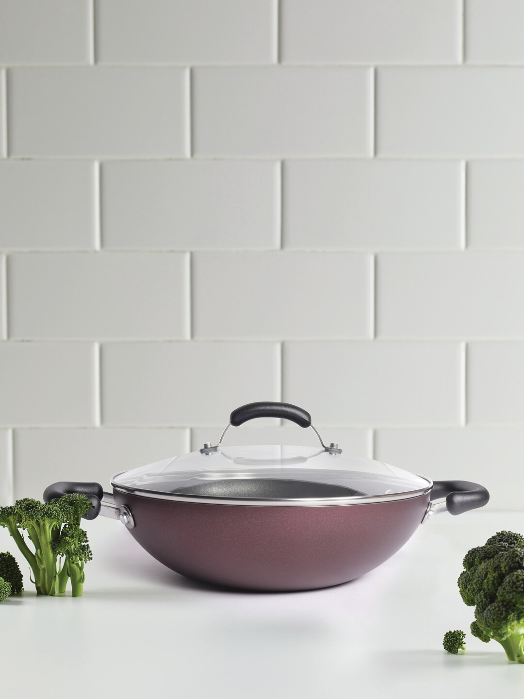 MEYER Burgundy & Black Merlot Non-Stick Kadhai/Wok With Lid 30 cm