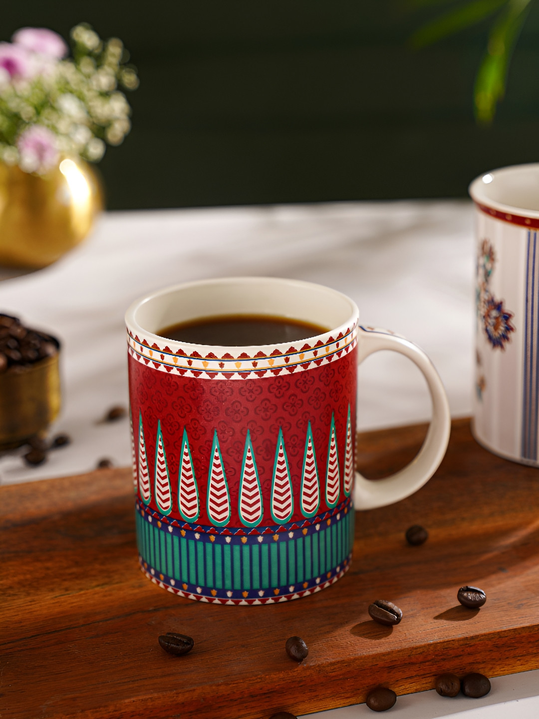 JAYPORE White & Red Printed Porcelain Matte Mugs Set of Cups and Mugs