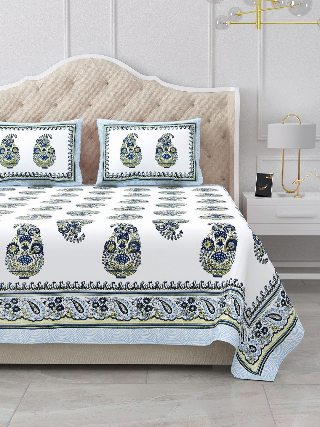 BELLA CASA Exotica Fitted Blue Paisley Pure Cotton 180 TC King Fine Bedsheet with 2 Pillow Covers-220 x 272 cm