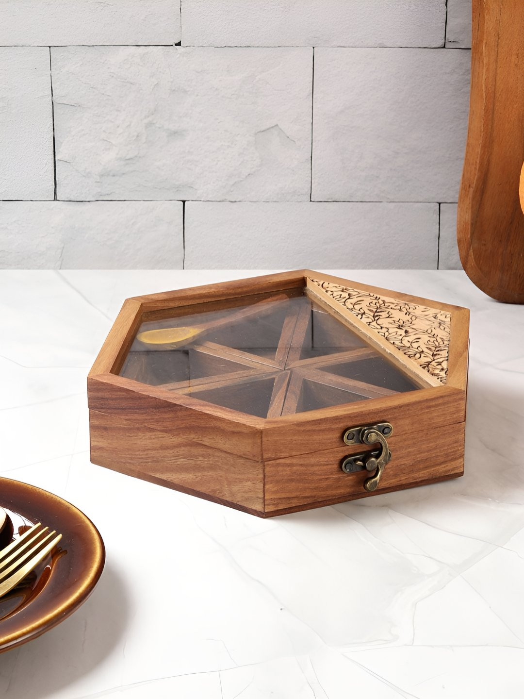 VarEesha Brown Hexagonal Sheesham Wood Spice Box