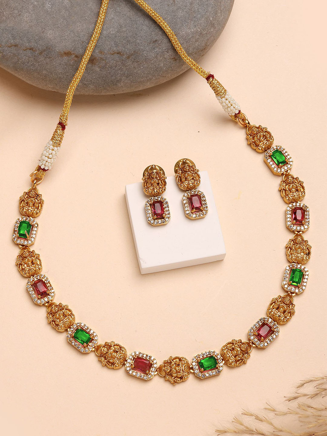KARATCART Gold-Plated American Diamond Studded Lakshmi Temple Design Jewellery Set