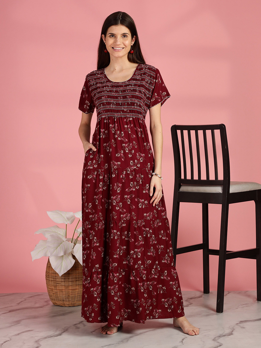 9shines Label Women Maroon Floral Smokey Frock Style Nightdress