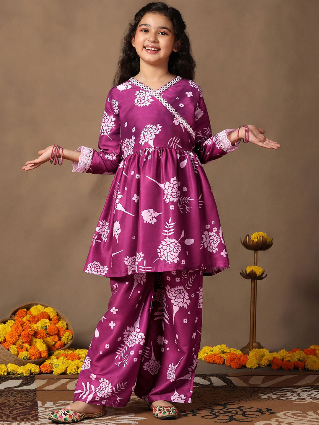 Sangria Girls Purple Muslin Floral Printed Flared Kurta Palazzo Set