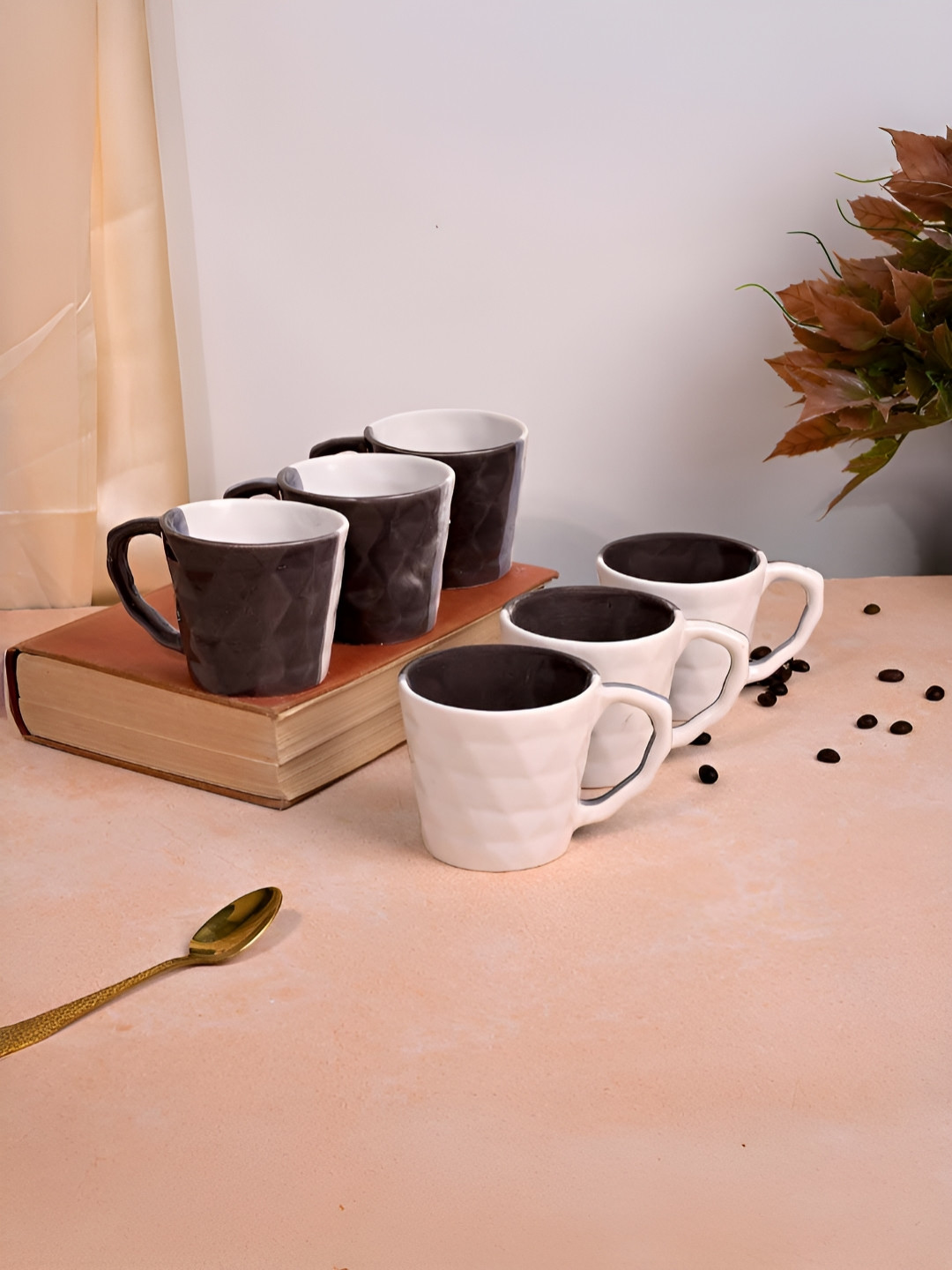 Storepedia Luxury Black Geometric Ceramic Handmade 6 Piece Mugs-150ml