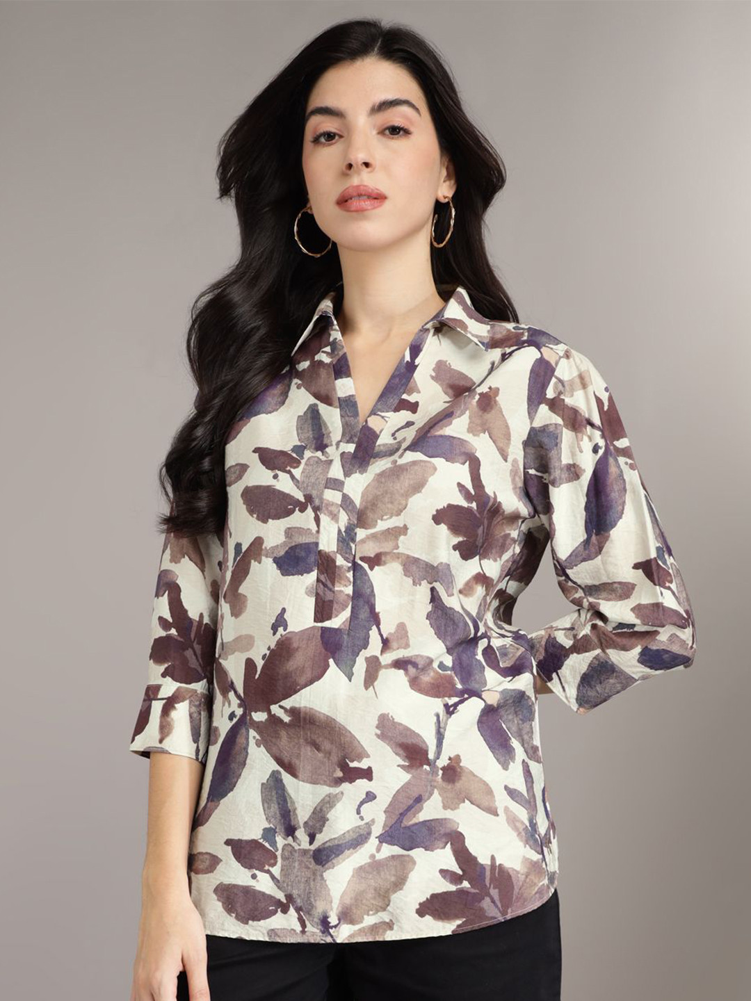 Xpose Women Floral Printed Lapel Collar Top