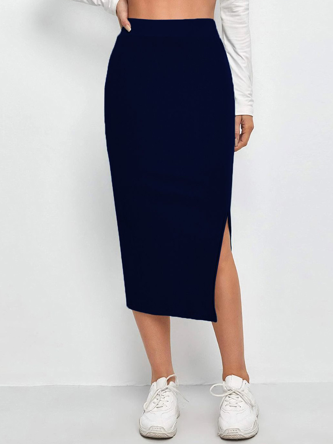 QIOA Below Knee Slit Pencil Midi Skirt