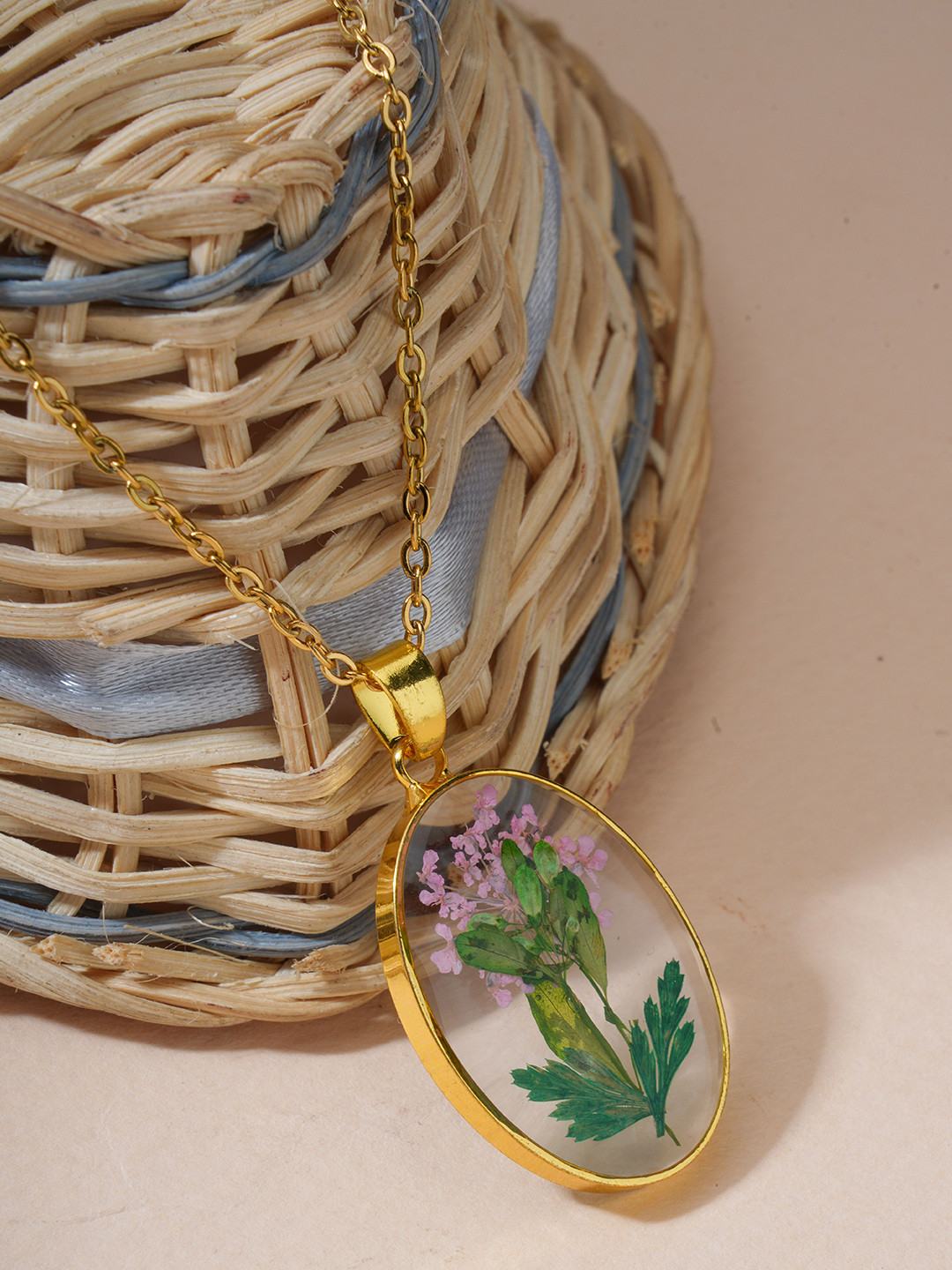 BISHTY  Gold-Plated Stainless Steel Dried Flower Resin Pendant with Chain