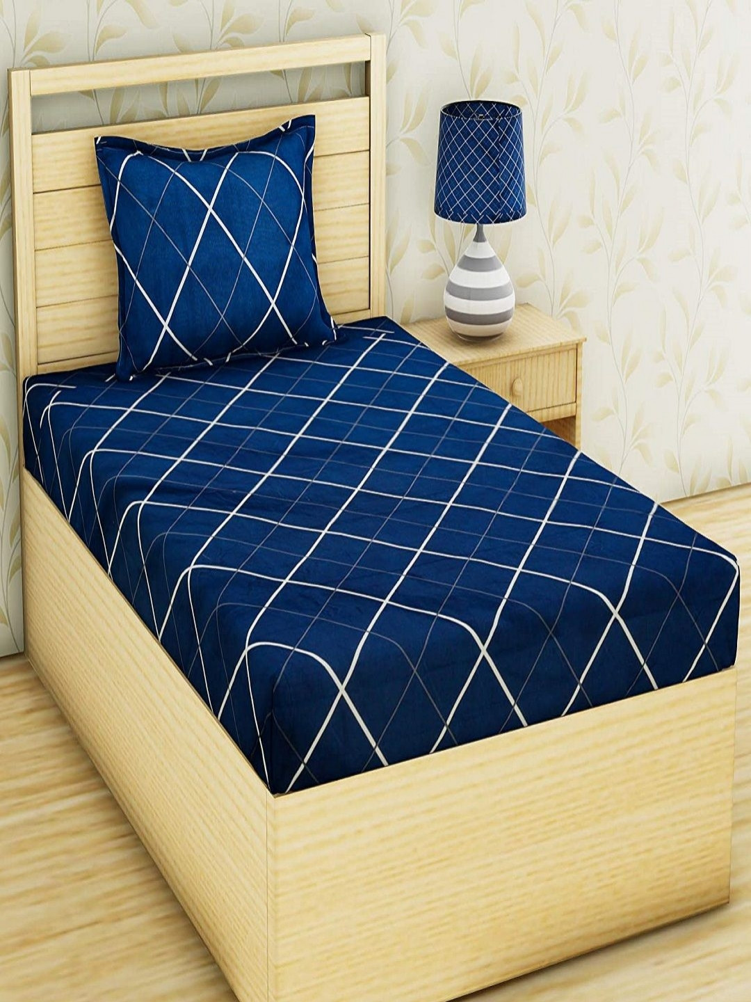 Aura Blue Checked Microfiber 144 TC Fitted Single Fine Bedsheet with 2 Pillow Covers-92 x 199 x 13 cm