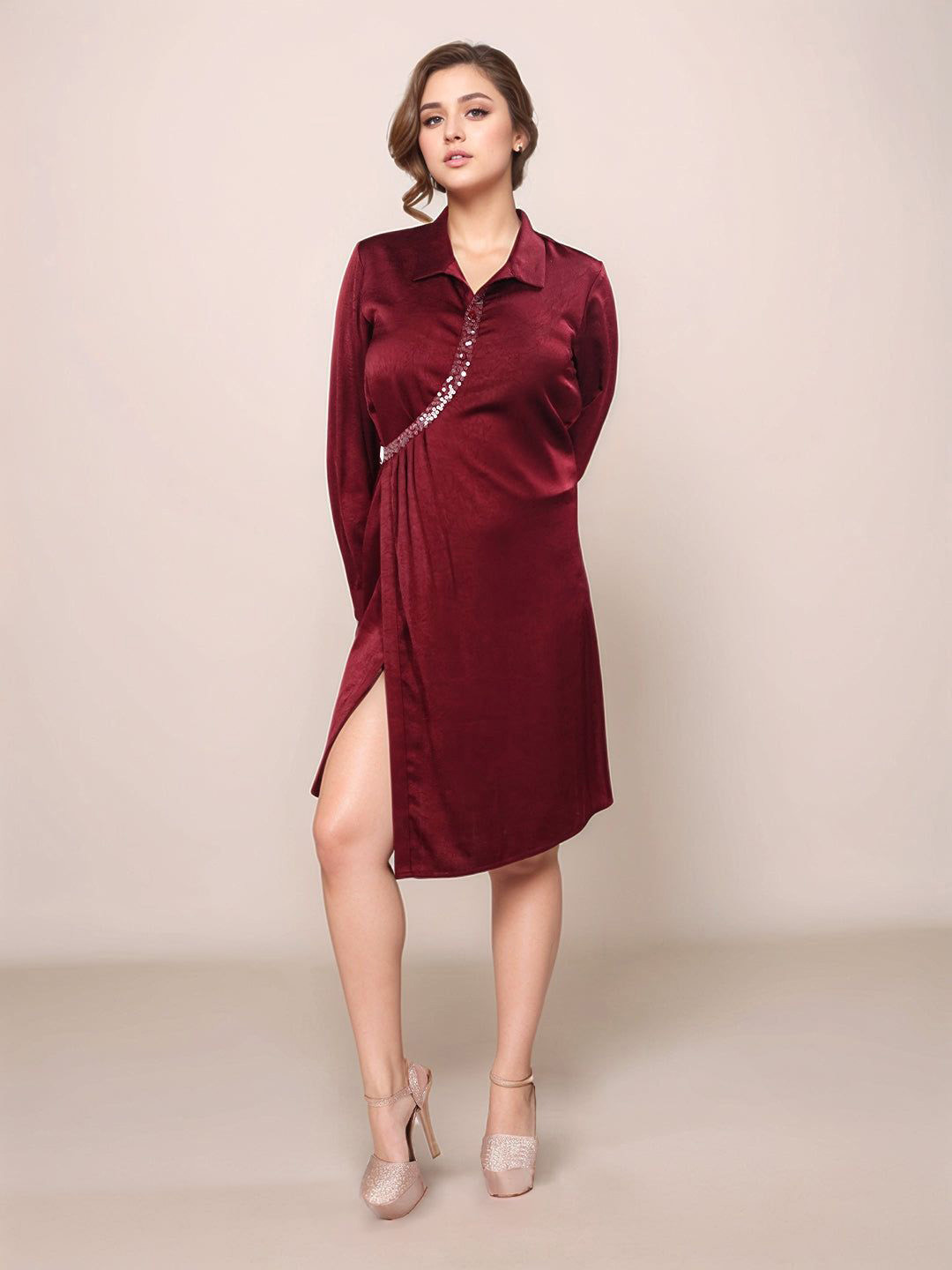 Zink London Women Burgundy Solid Collar Neck Long Sleeves A-Line Short Dress