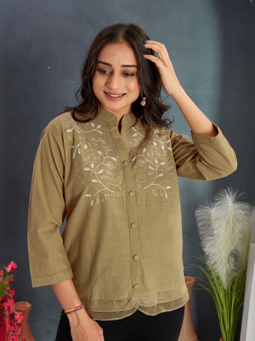 CORSICA Classic Floral Embroidered Mandarin Collar Casual Shirt Style Top