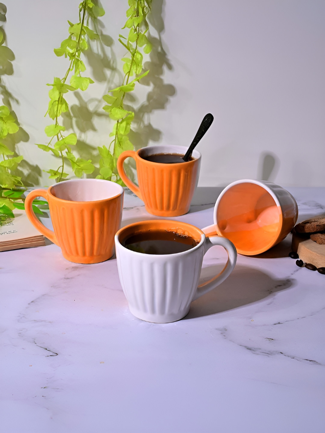 Storepedia Unique Yellow Striped Ceramic Handmade 4 Piece Mugs-150ml