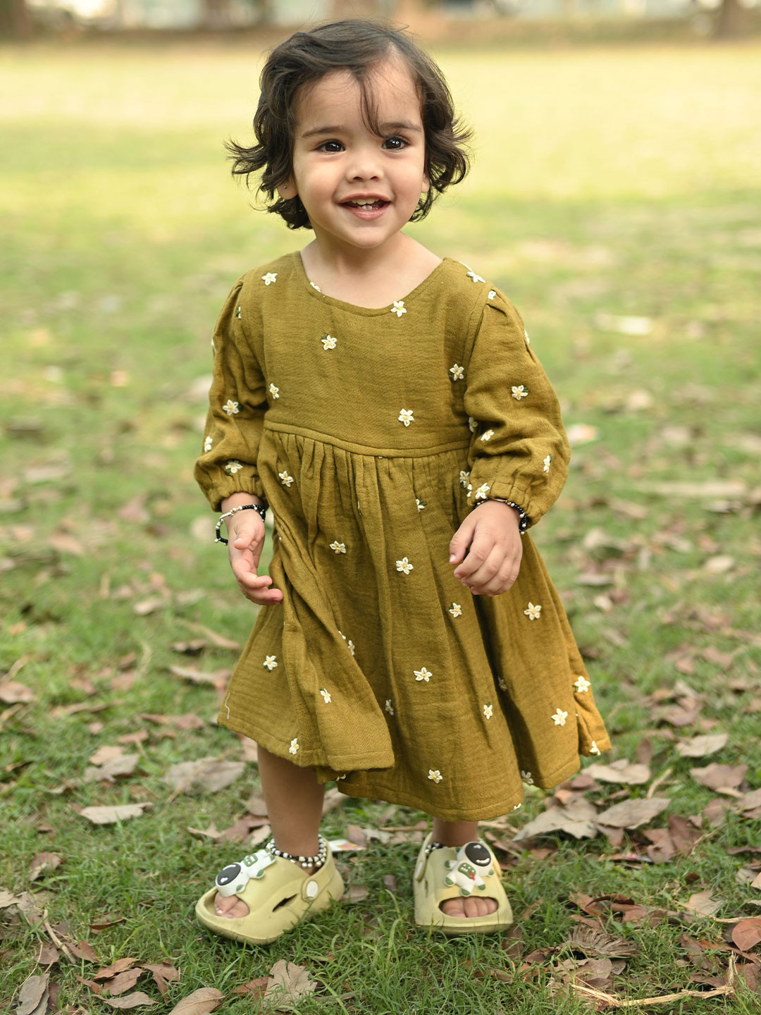 Koala Kidz Floral Embroidered Puff Sleeve Organic Cotton Fit & Flare Knee Length Dress