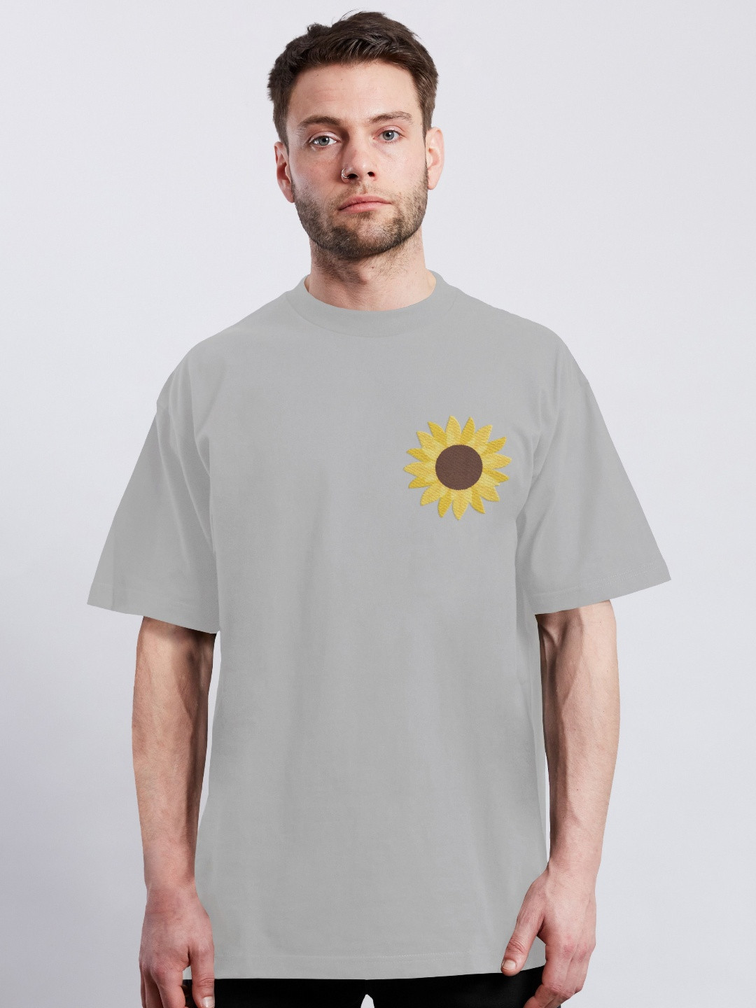 Grey Melange Oversized Sunflower Graphic Cotton T-Shirt