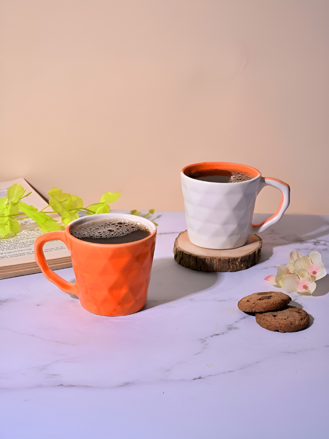 Storepedia Orange Checkered Ceramic Handmade 2 Piece Mugs-150ml