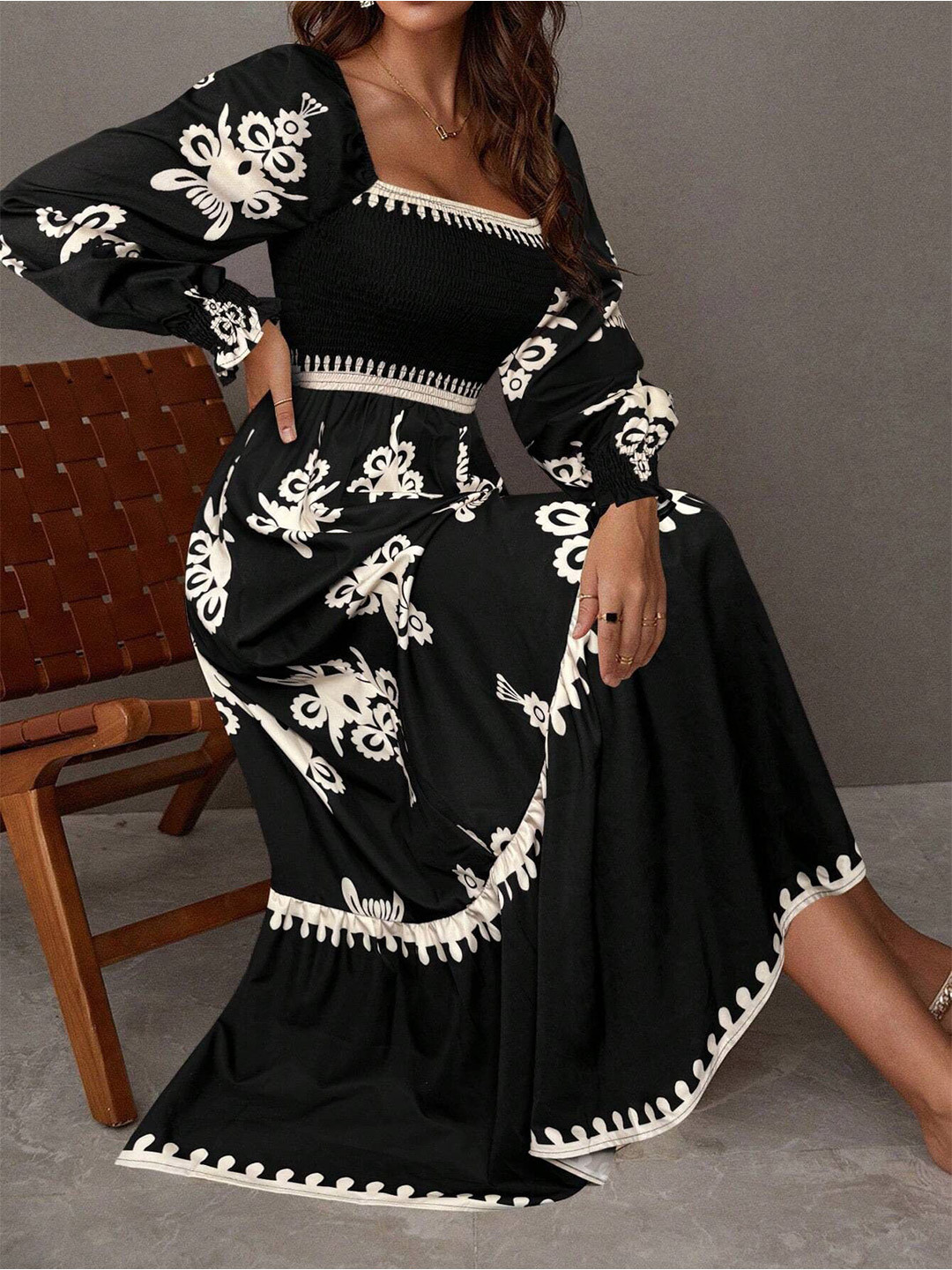 bebe Black Floral Printed Puff Sleeve Maxi Dress