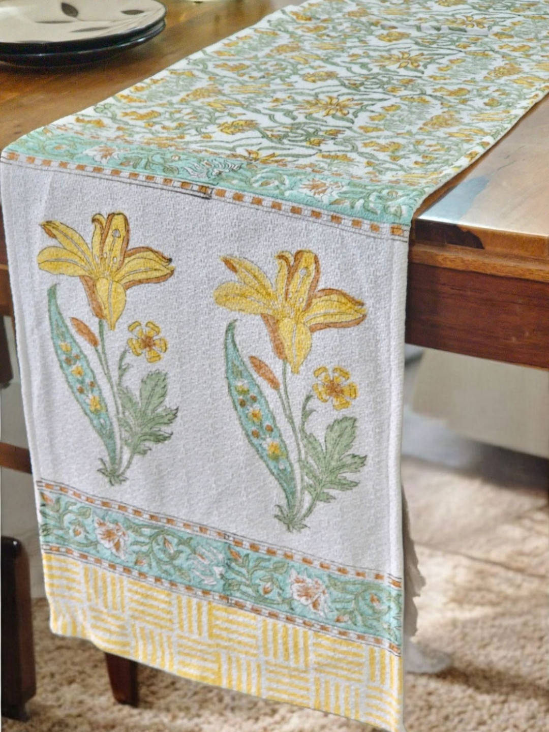 Feels Like Home Mehka Aangan White & Blue Printed Aangan Table Runner