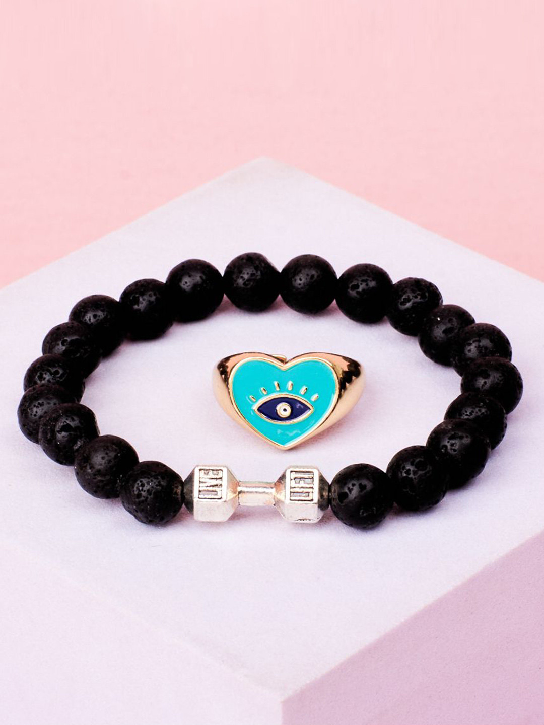 SALTY Evil Eye & Beaded Bracelet & Heart Ring Jewellery Set