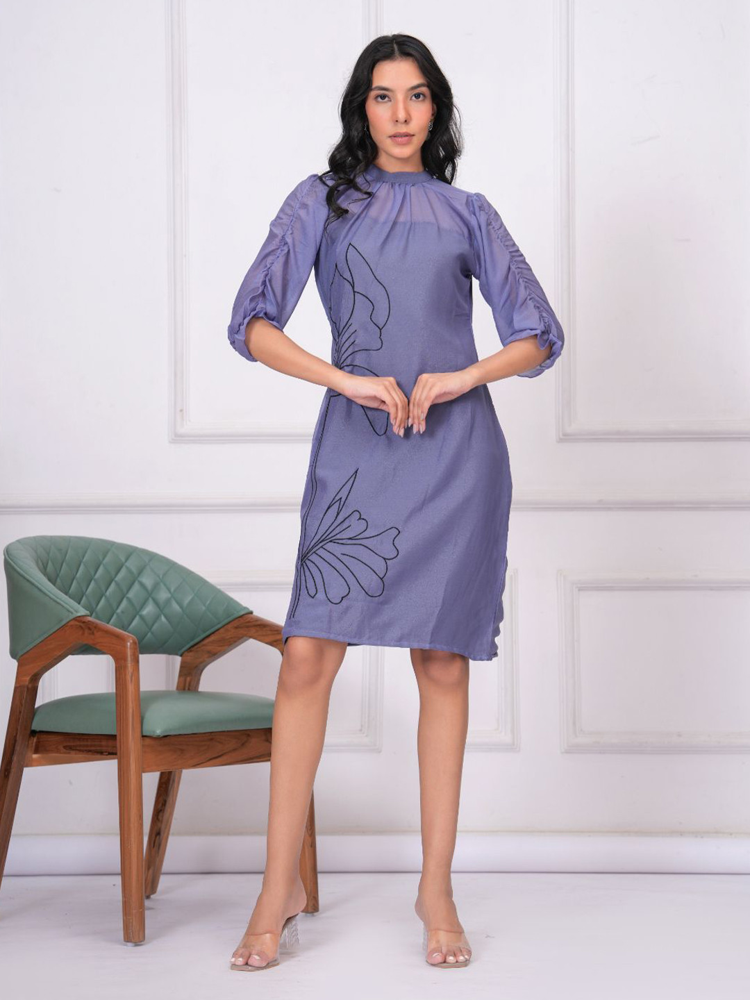 HIGHLIGHT FASHION EXPORT Women Floral Puff Sleeve Georgette Shift Dress