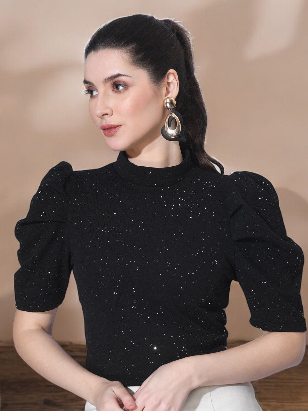 ZEUGEN Women Black Stylish Puff Sleeve Party Wear Top