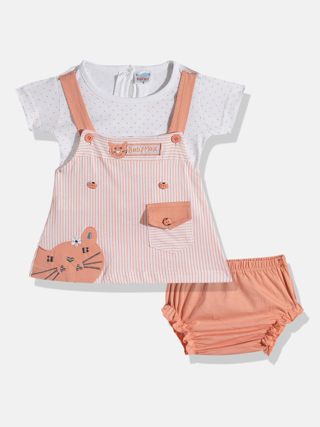 BABYMAX Infant Girls Striped Applique Pure Cotton Pinafore Dress With T-shirt & Bloomers