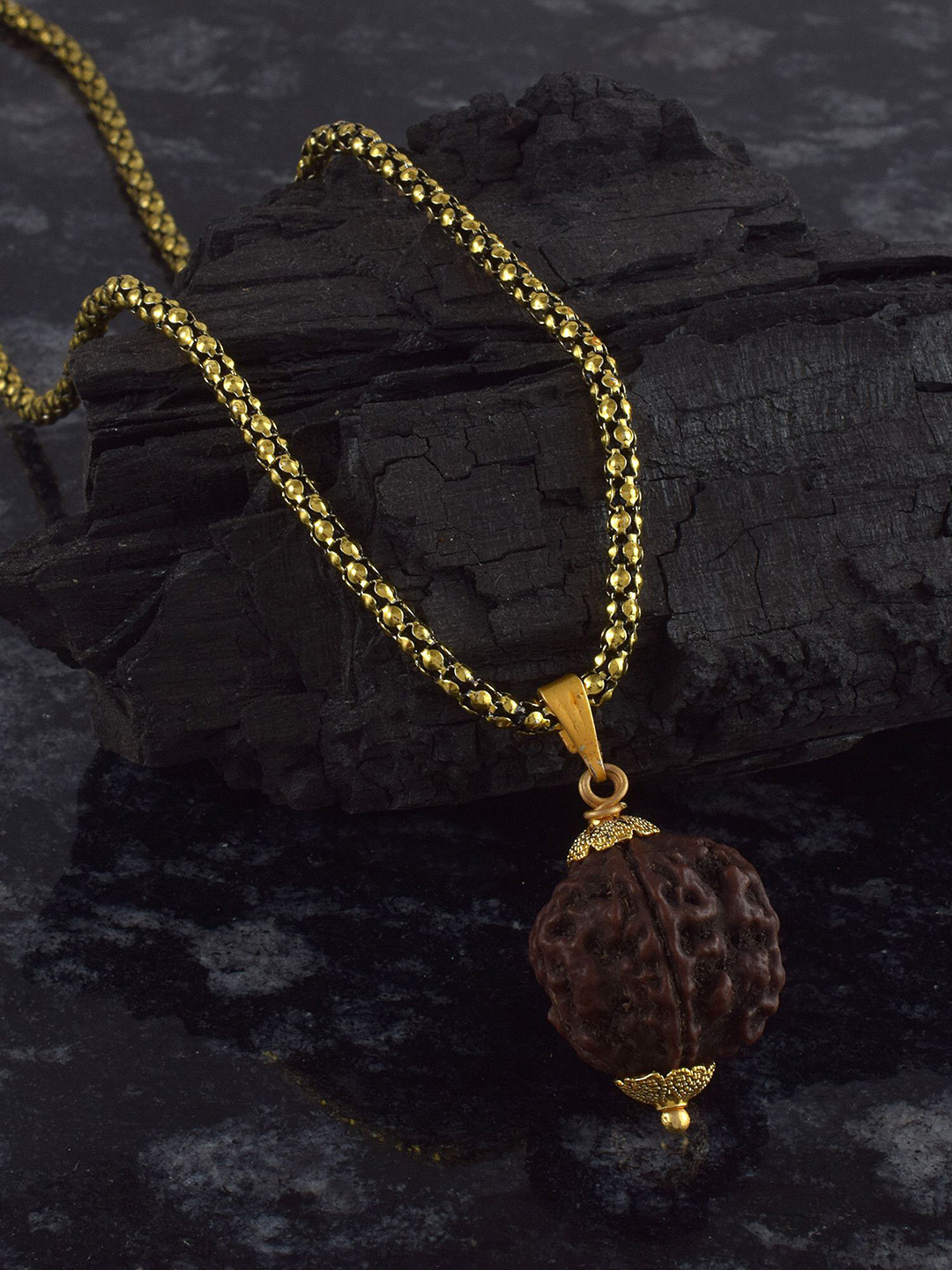 ADMIER Unisex Gold-Plated Five Mukhi Rudraksha Beaded Pendant with Chain