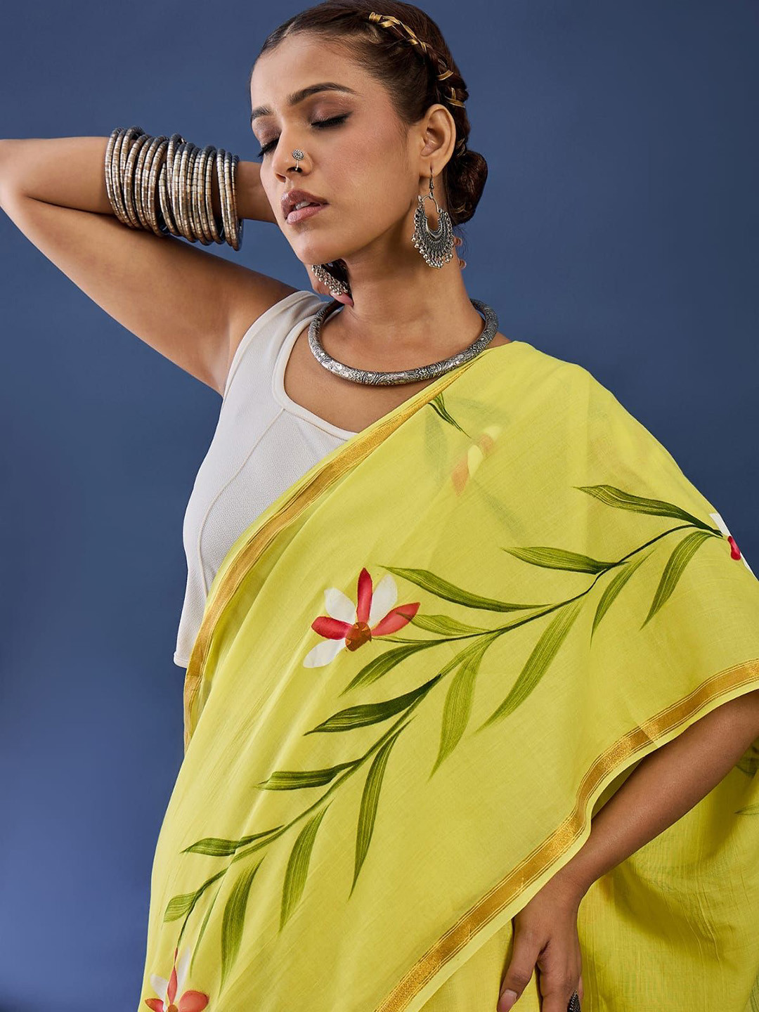 Taavi Floral Hand Block Print Pure Cotton Saree With Blouse