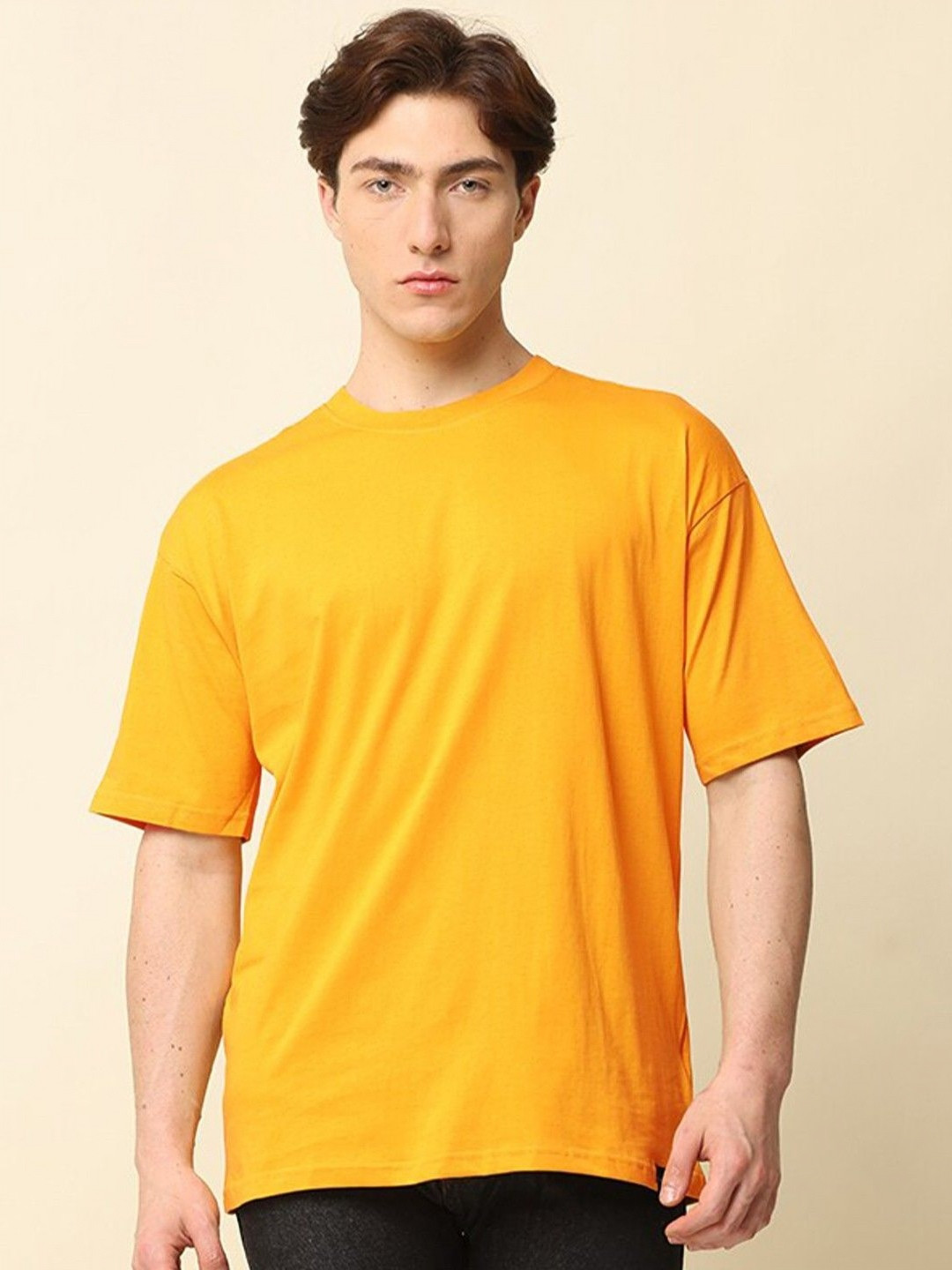 Mast & Harbour Mustard Yellow Drop-Shoulder Sleeves Anti Odour PureCotton Oversized Tshirt