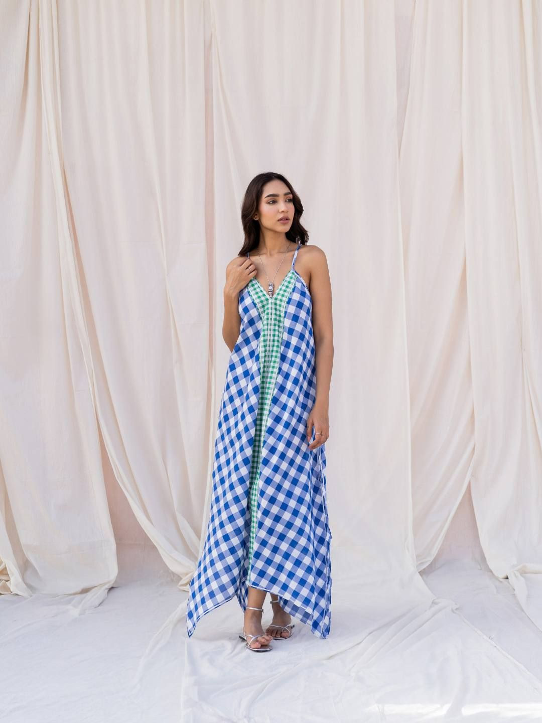 Urban Suburban Contrast Gingham Midi Dress with Gota Detailing