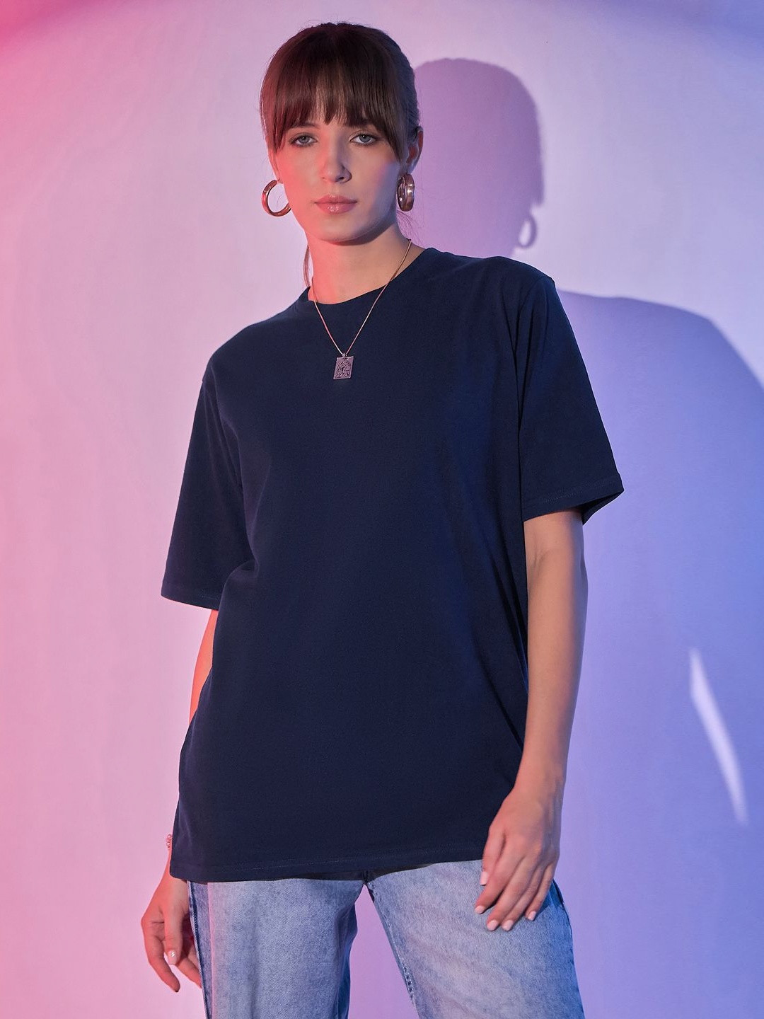 QIOA Round Neck Cotton Oversized Long T-shirt