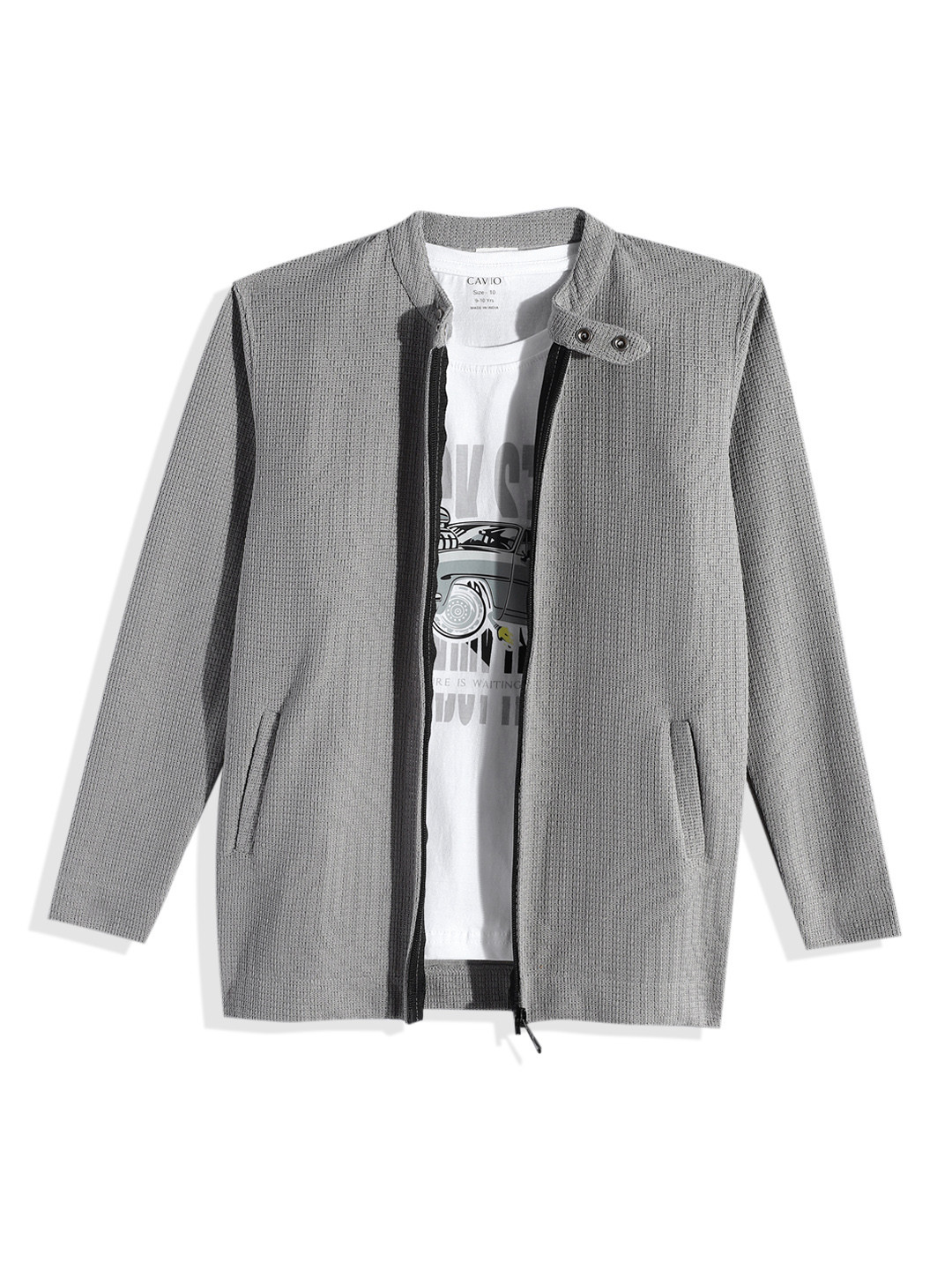 CAVIO Boys Solid zipper Jacket & Printed T-Shirt